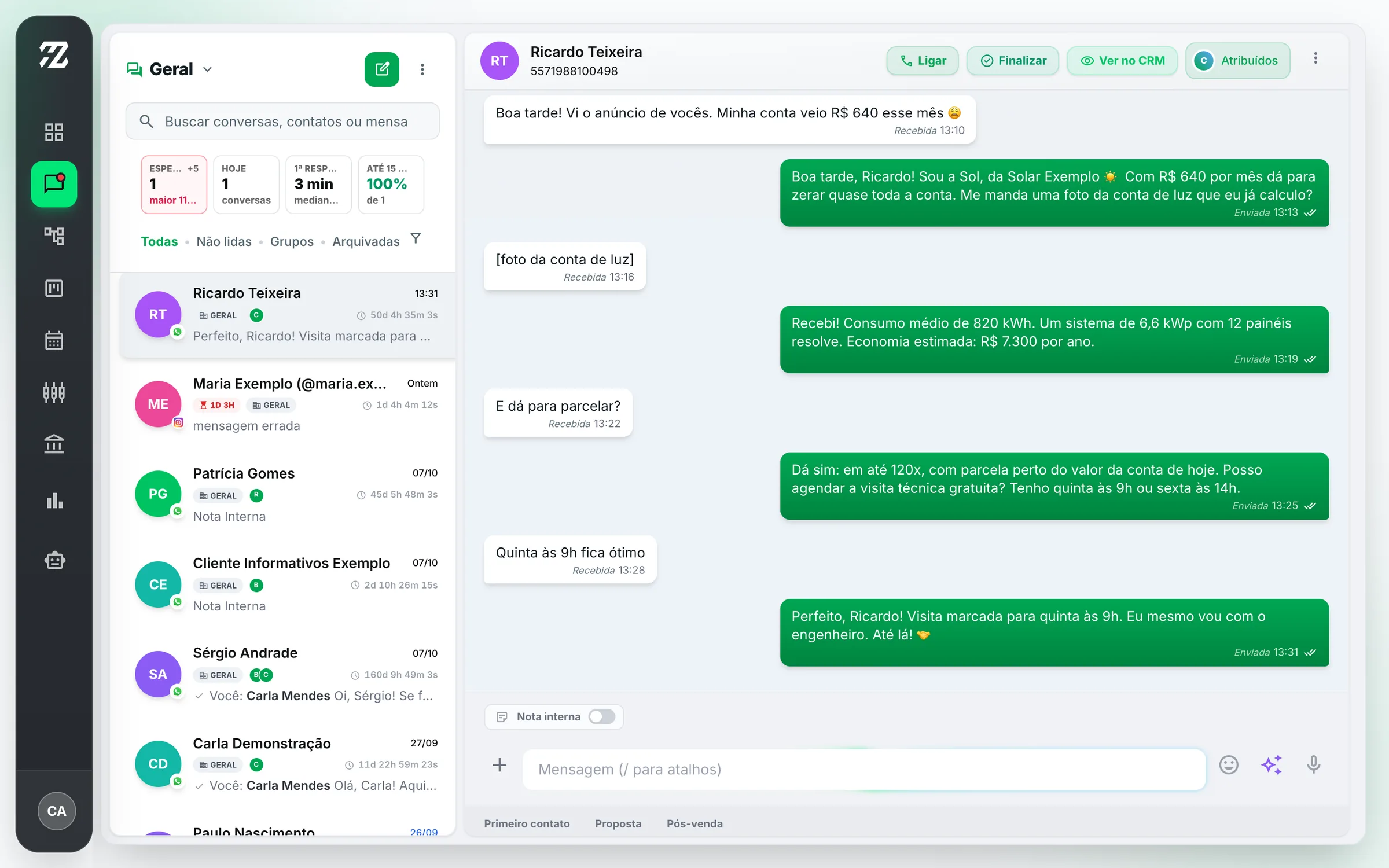 Conversas da equipe no número da integradora, com a proposta dentro da conversa