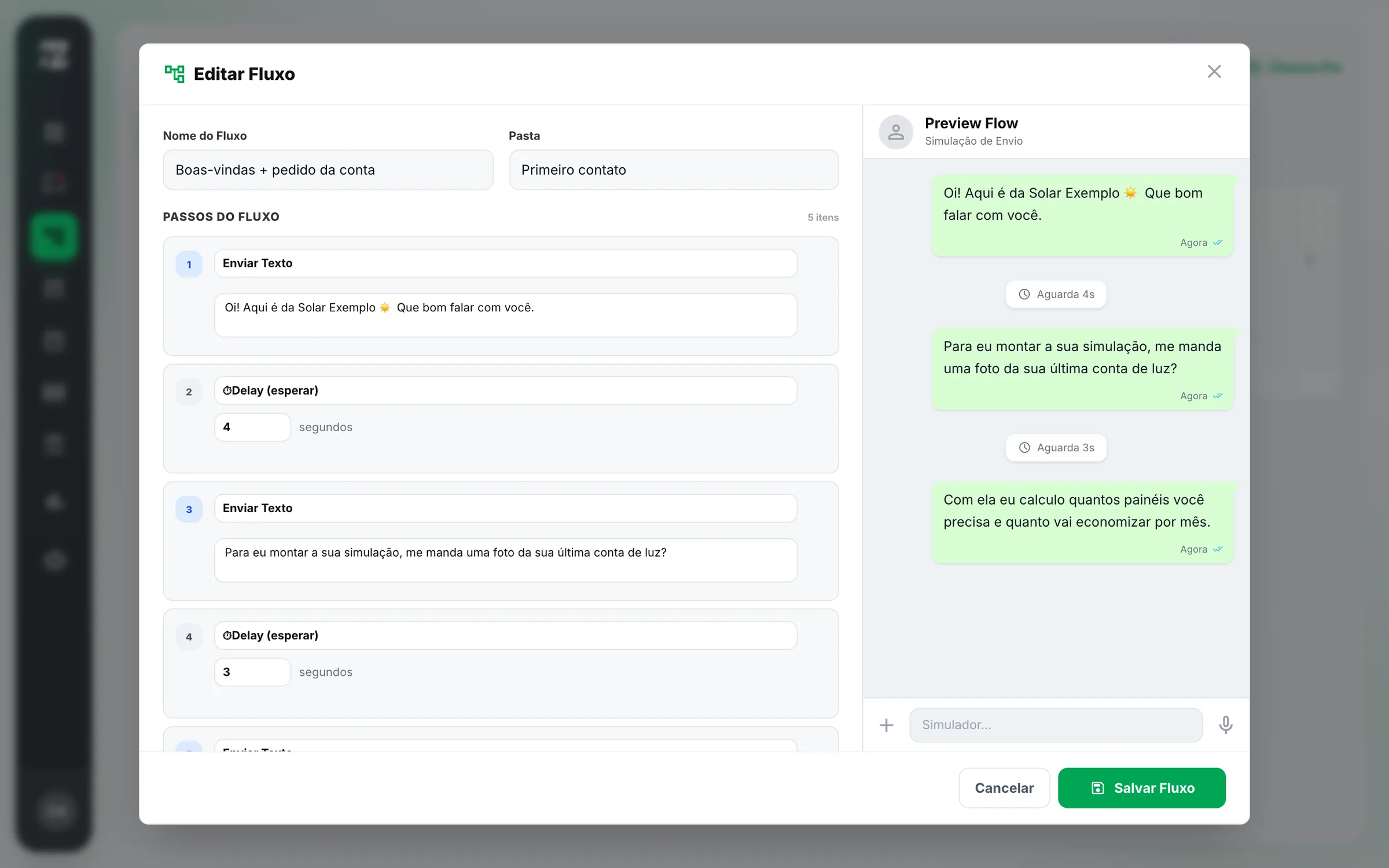 Editor de fluxo da Helioz Flow com a prévia da conversa no WhatsApp