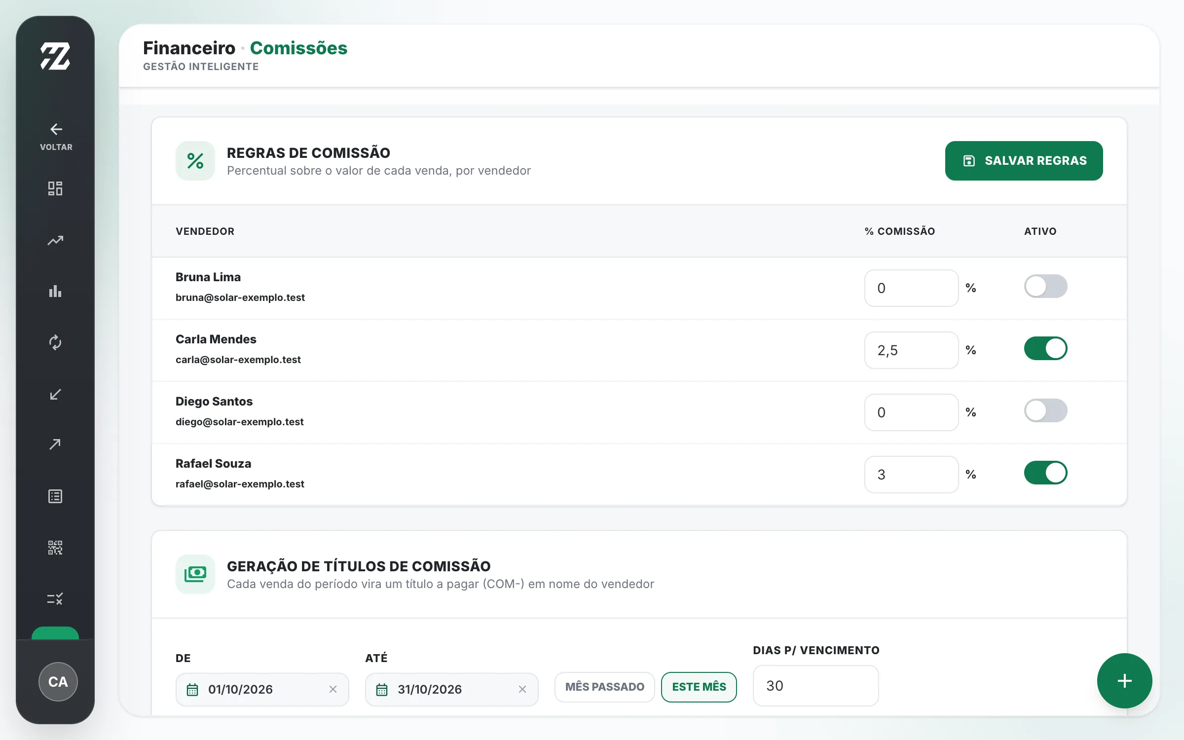 Regras de comissão por vendedor