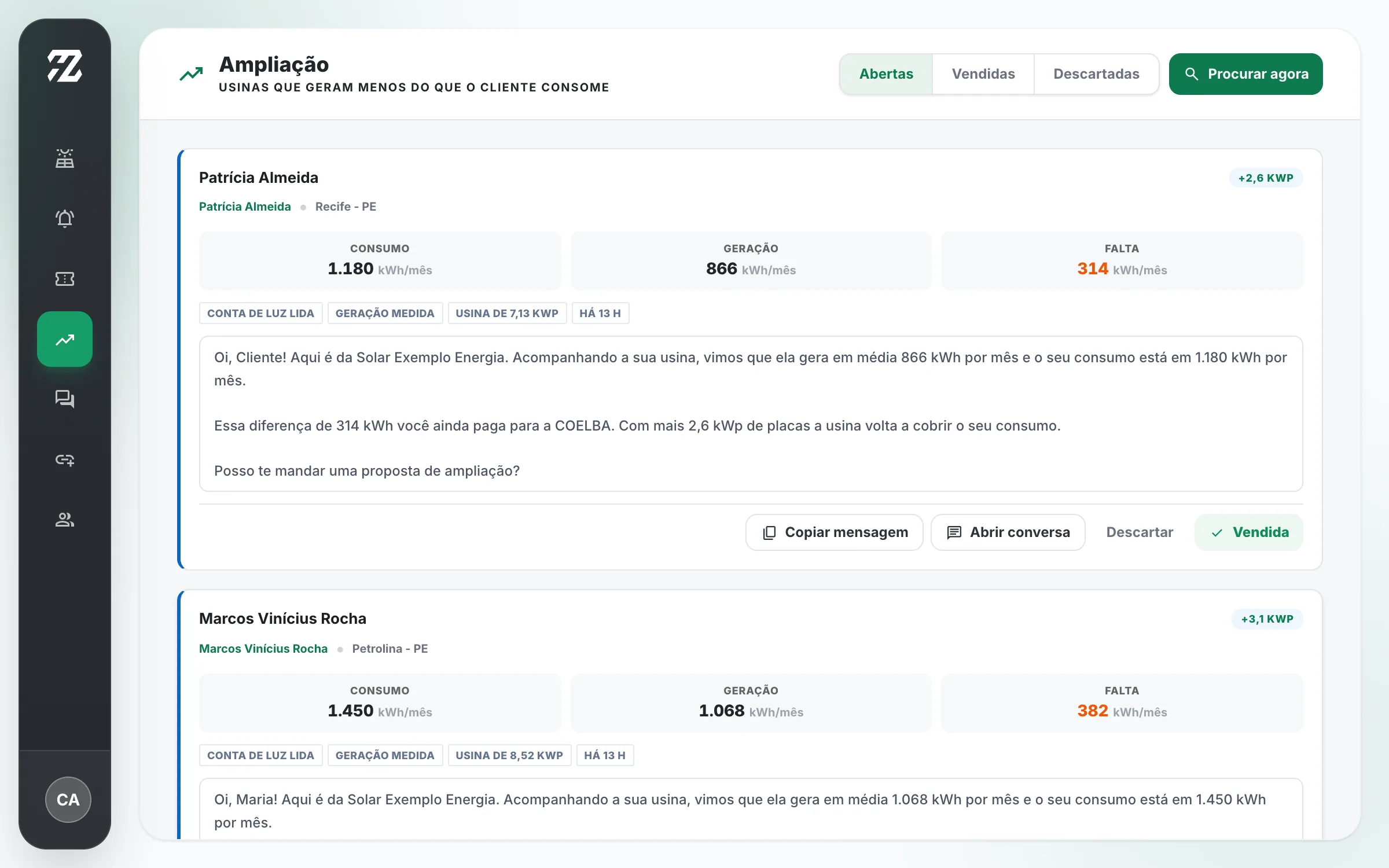 Lista de usinas que geram menos do que o cliente consome