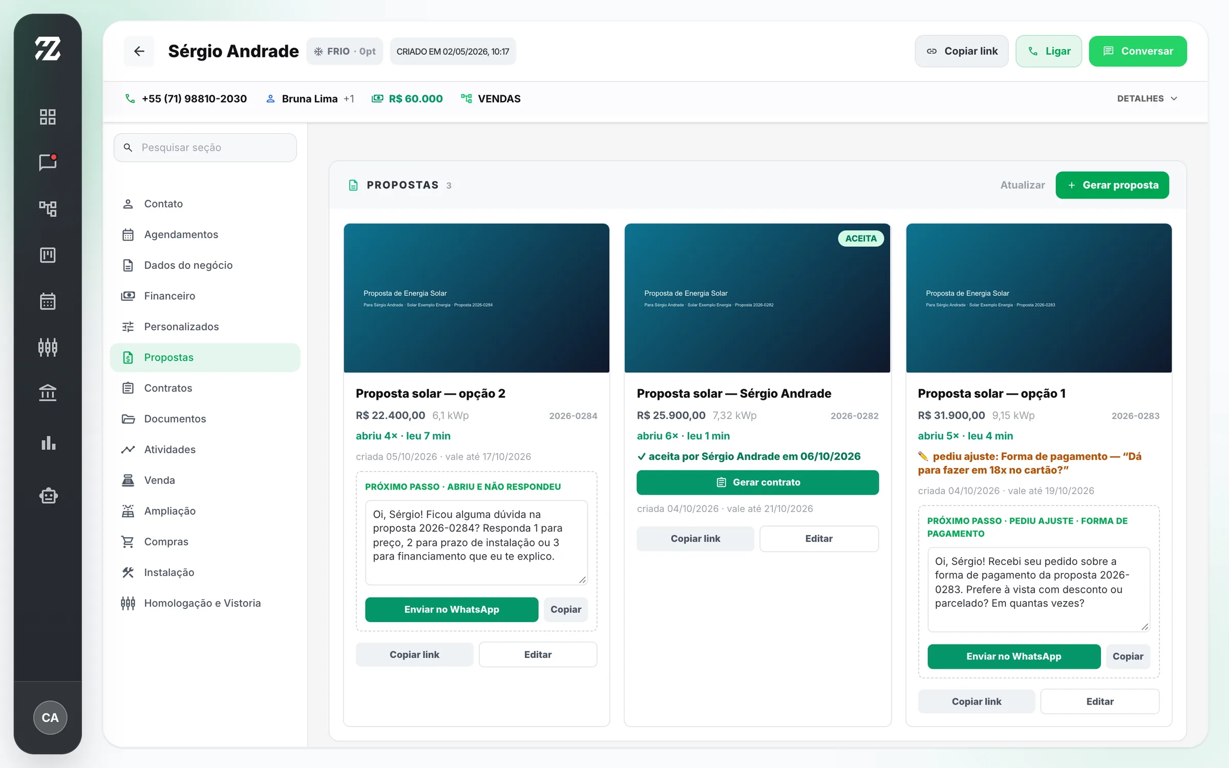 Tela do negócio com dados do cliente, etapas e atividades