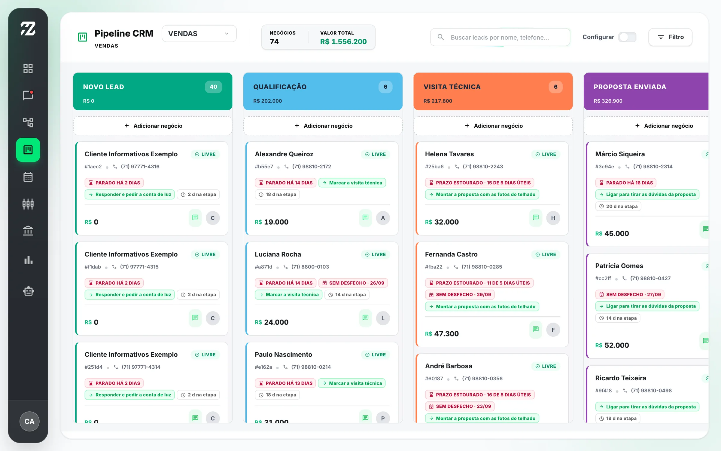 Funil de vendas da Helioz com os cards de cada cliente por etapa